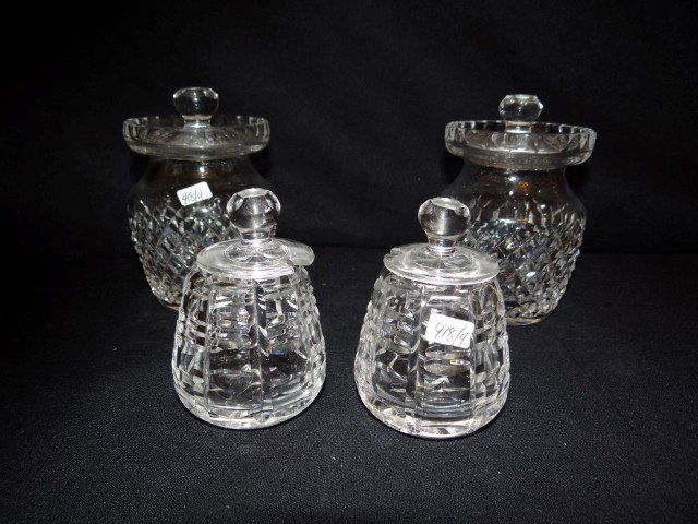 Four Waterford Jam Jars Signed: Two larger, two smaller. All with lids. 4 1/2"H and 3 1/2"H.
