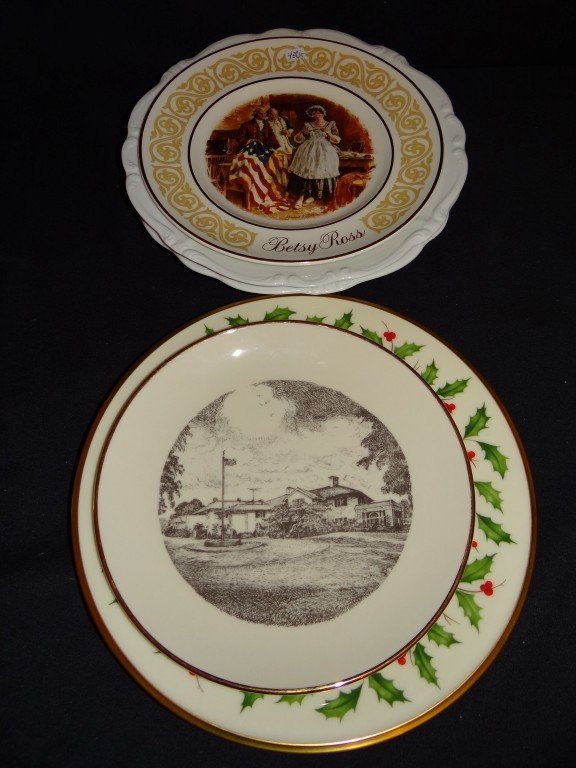 A Lot of Five China Plates: Two Johann Haviland Bavarian ironstone plates; a Lenox holiday platter; a Vernon Wood historical plate (The Woman's Club of White Plains)and a Betsy Ross plate