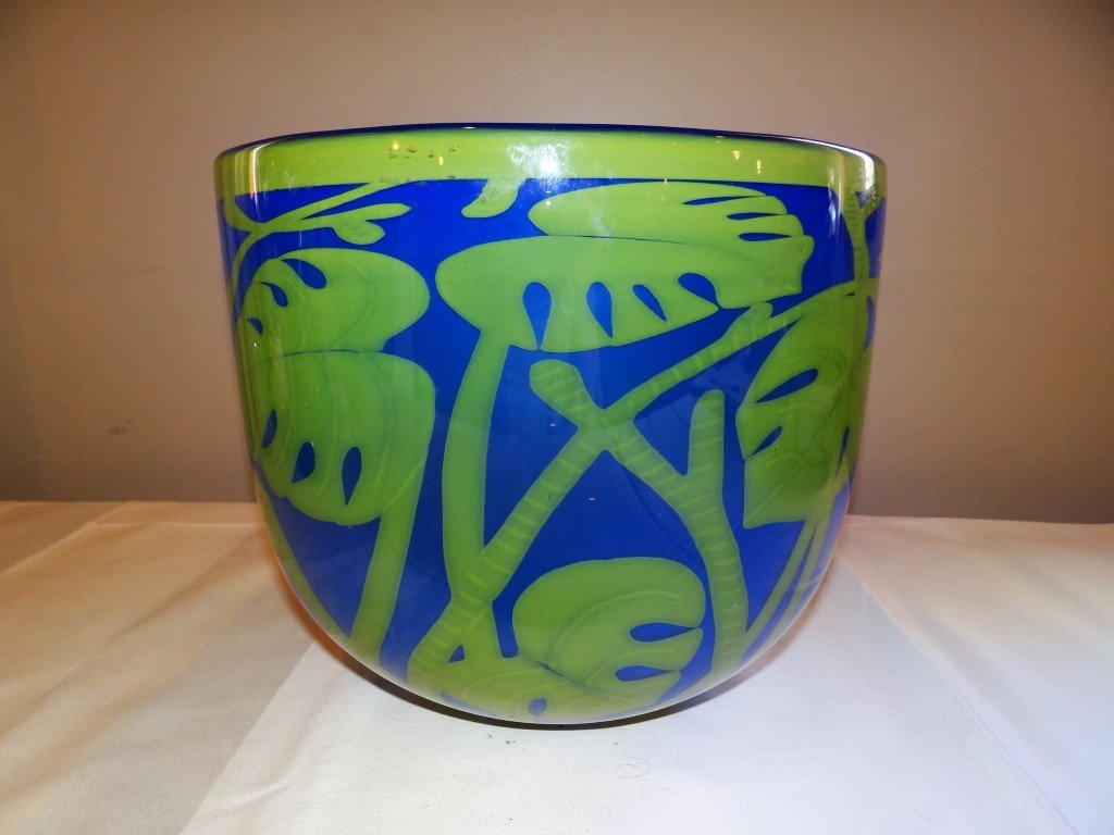 Important Orrefors Bowl Sgd. Graal: Blue and Green Monumental Orrefors Bowl decorated with ferns signed Orrefors . Signed B. Graal. Signed Gunnar Agrin and numbered 1172-78 8 3/4"H. 10 1/2"W.