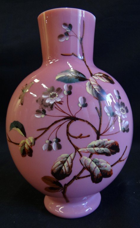Webb enameled glass vase signed: Pink glass vase with enameled floral decoration. Signed at bottom; 10.5in. H.