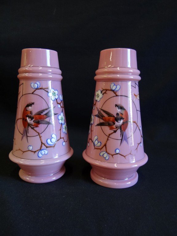 Pair of Victorian enameled glass vases: Pair of pink glass vases with enameled bird, fish and floral decoration. In the manner of Webb; 8.5in. H.