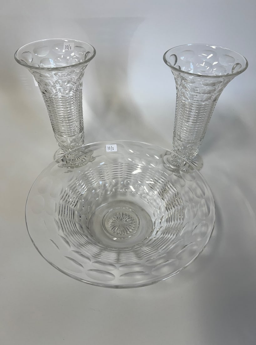 Antique Art Deco Cut Glass Set (3): Centerpiece & Matching Vases. Numbered on the bottom of each. Centerpiece 12"H x 4"; vases 10" x 6" No chips or cracks