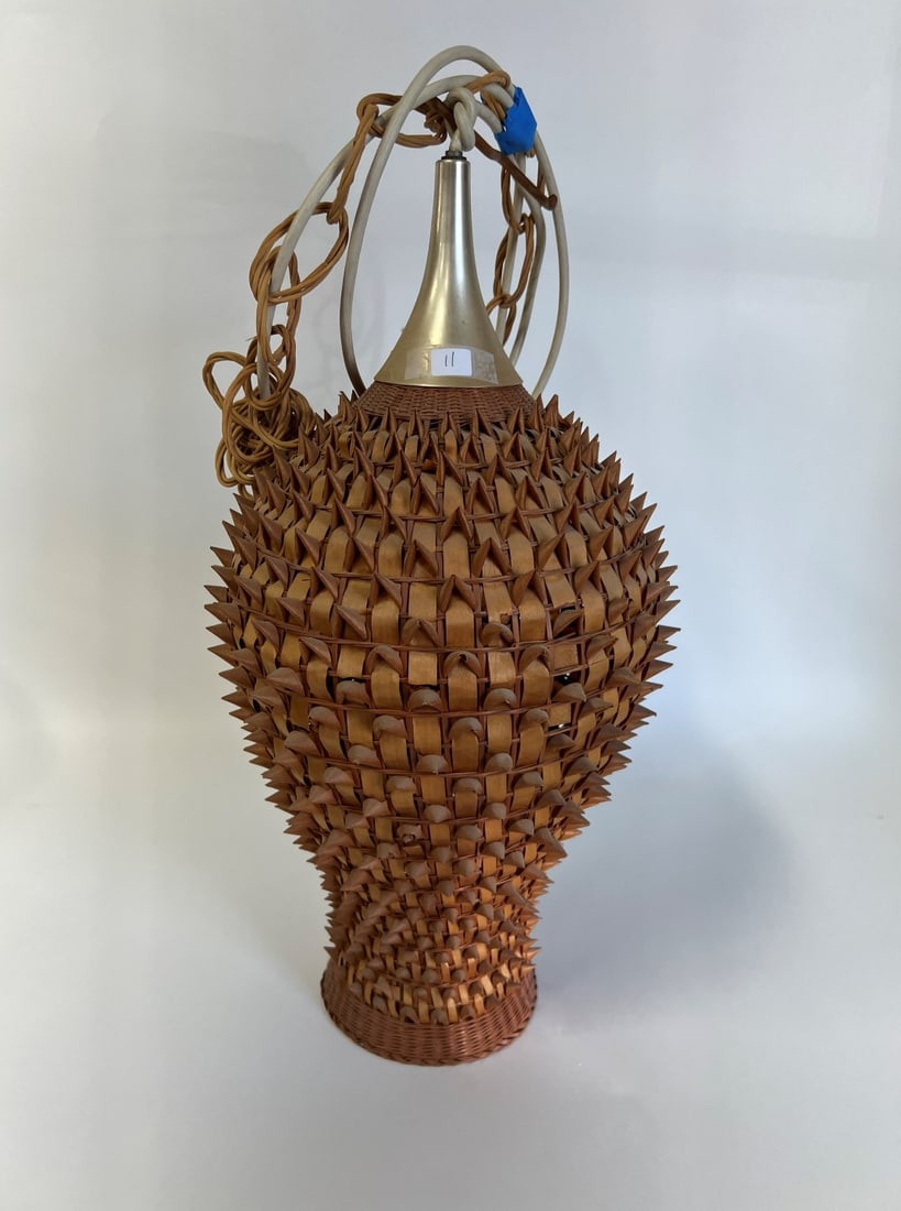 MCM Woven Wood Splint Hanging Fixture: 22" H plus chained cord. Fragile