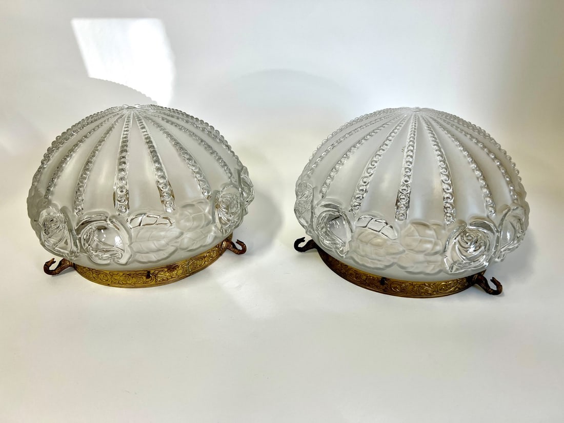 Pr. Etched Glass & Brass Rose Chandeliers: Pr. 1940's Fine Quality Etched/Clear Glass and Brass Rose Chandeliers. 13"D. With brass celing mountings.