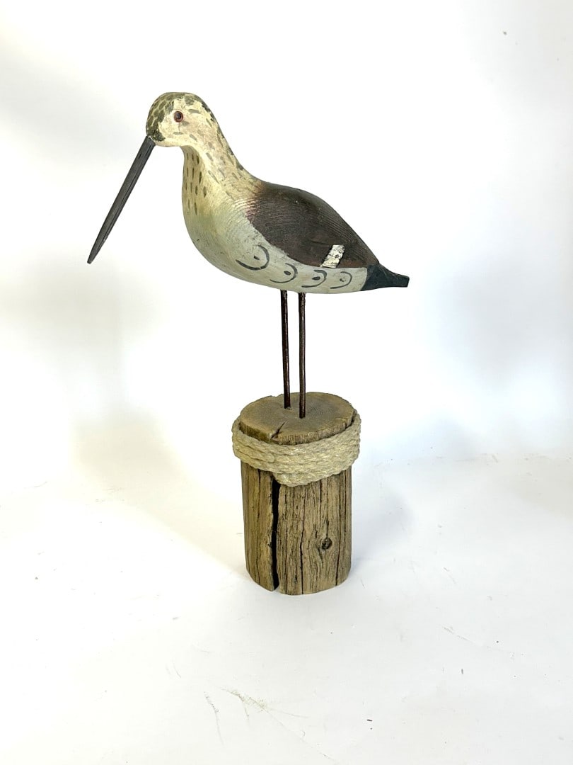 20thC. Painted and Carved Wood Shorebird: Hand painted and carved wood shorebird. on piling; 18.5in.H. x 13in.W.