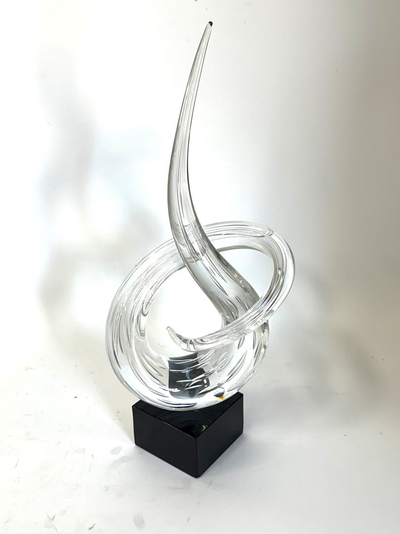 Italian Abstract Glass Sculpture: Art glass Abstract Spriral sculpture. Black glass base. Inscribed Formia, Murano and numbered at underside; 19in.H. x 8in.W.