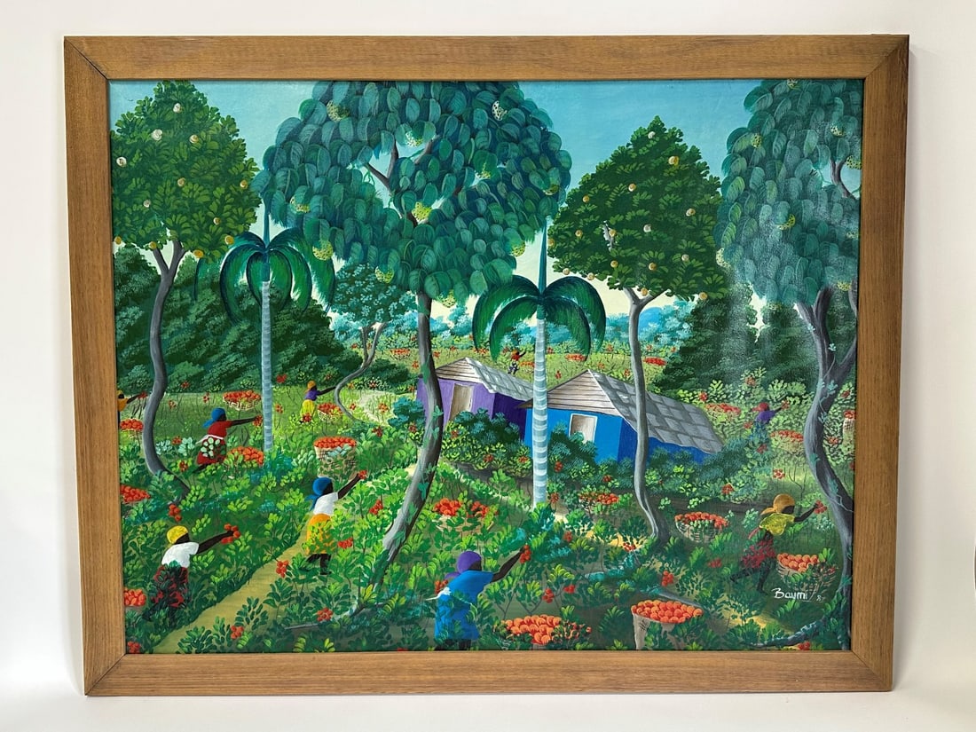 20thC. Haitian Oil Fruit Pickers Signed: Baumi(Haitian) oil on canvas. Fruit Pickers in an Orange Grove. Signed Baumi and dated '84 lower right; 28in. x 36in.(image), 31.5in. x 39.5in.(framed)