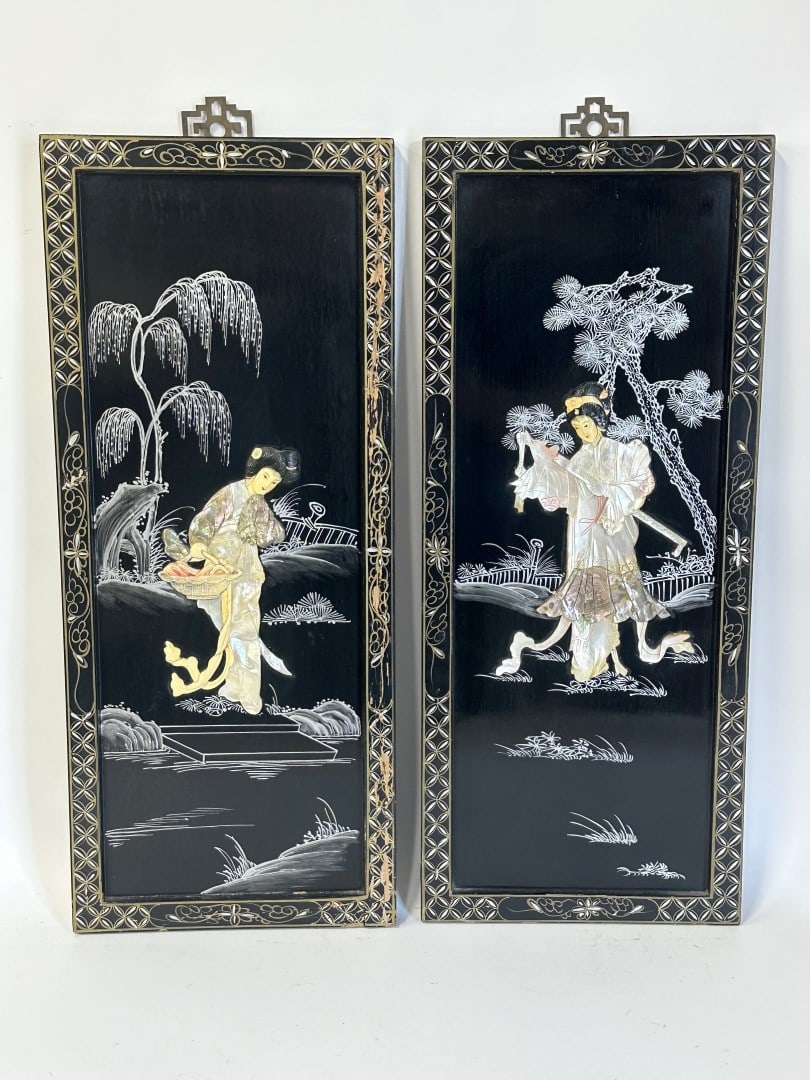 Pair of 20thC. Chinese Inlaid Lacquered Plaques (1 of 4)