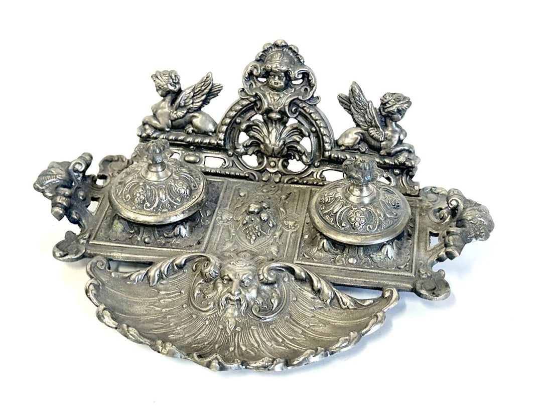 Victorian Ornate Silvered Desk Tray: Ornate silvered metal desk tray. Double inkwells; 4.5in.H. x 11in.W. x 8in.D.