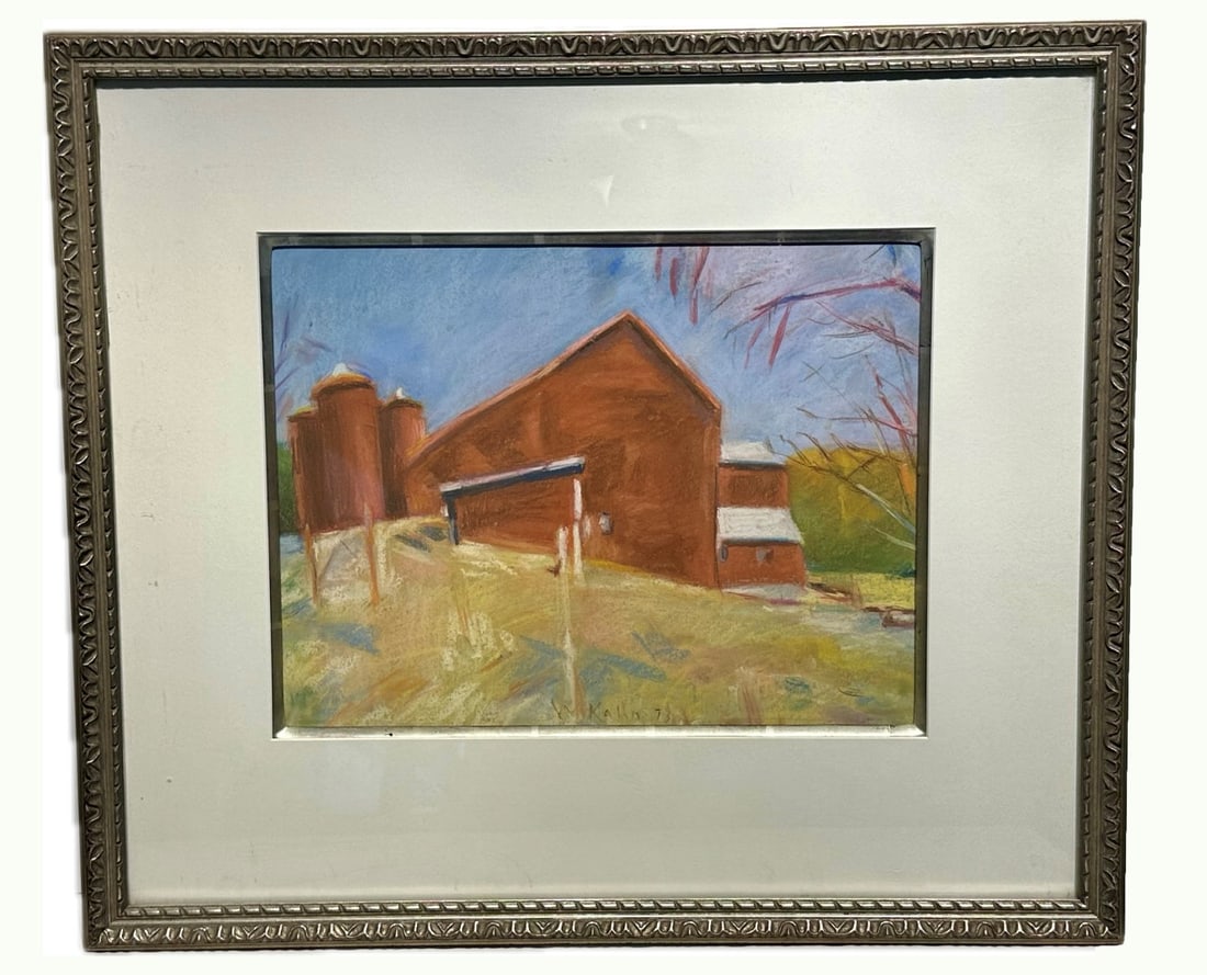 Wolf Kahn; 20thC. Modernist Pastel Signed: Wolf Kahn(1927-2020) pastel on paper. Barn in Autumn. Signed lower center and dated '73; 12.5in. x 16in.(image), 23in. x 26.5in.(framed)