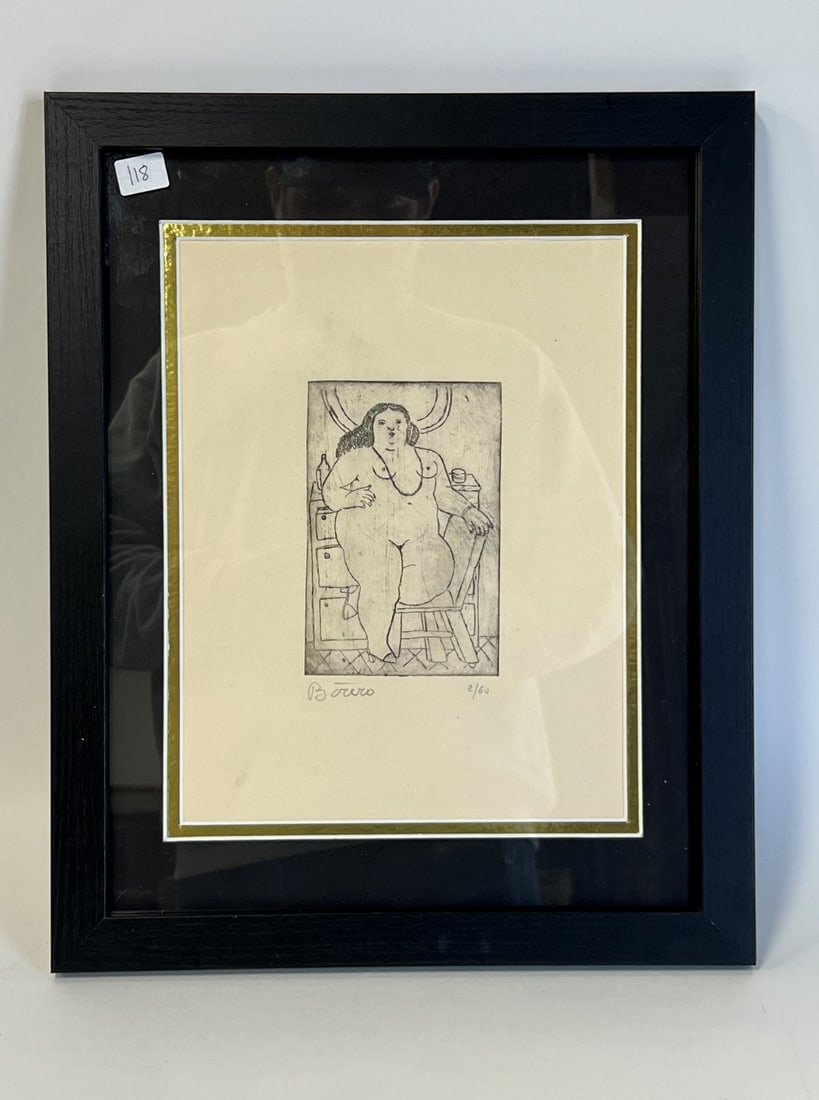 Botero, Fernando Lithograph. Signed: Botero, Fernando (Col. 1932- ) Signed lithograph of a standing nude woman with a bed in the background, numbered 2/60, with two gallery stamps verso including the date 18 April 1987 , on heavy-eight p