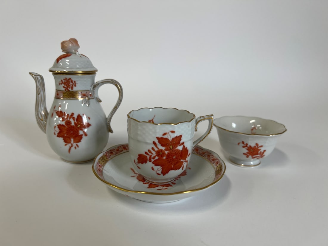Hungary Miniature Tea Set Attr. Herend: Marked Hungary, miniature tea pot with butterfly finial, open sugar, tea or demi-tasse cup and shallow saucer.
