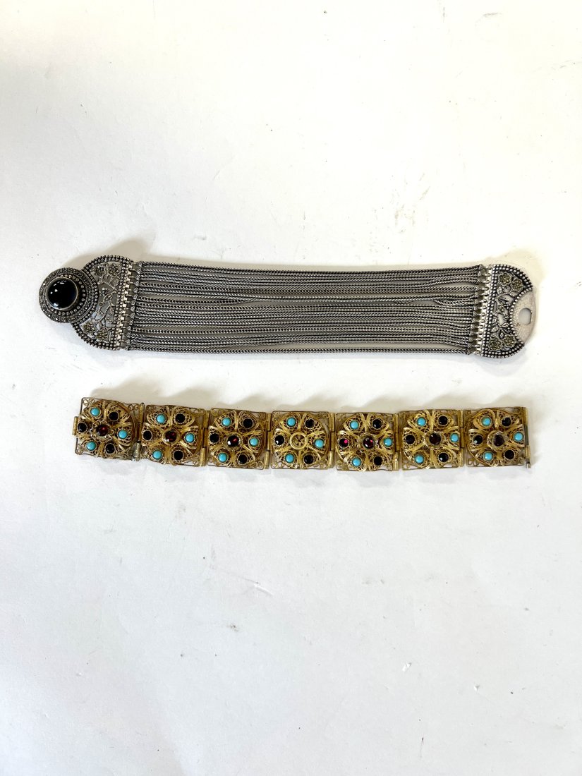 Unusual Palestinian Bracelet & Silver & Marcasite: Unusual vintage "gold" sectioned Palestinian bracelet together with a vintage onyx and "silver: bracelet fashioned of multiple chains to an ornate closure which will be prominent on the wrist. Two in 