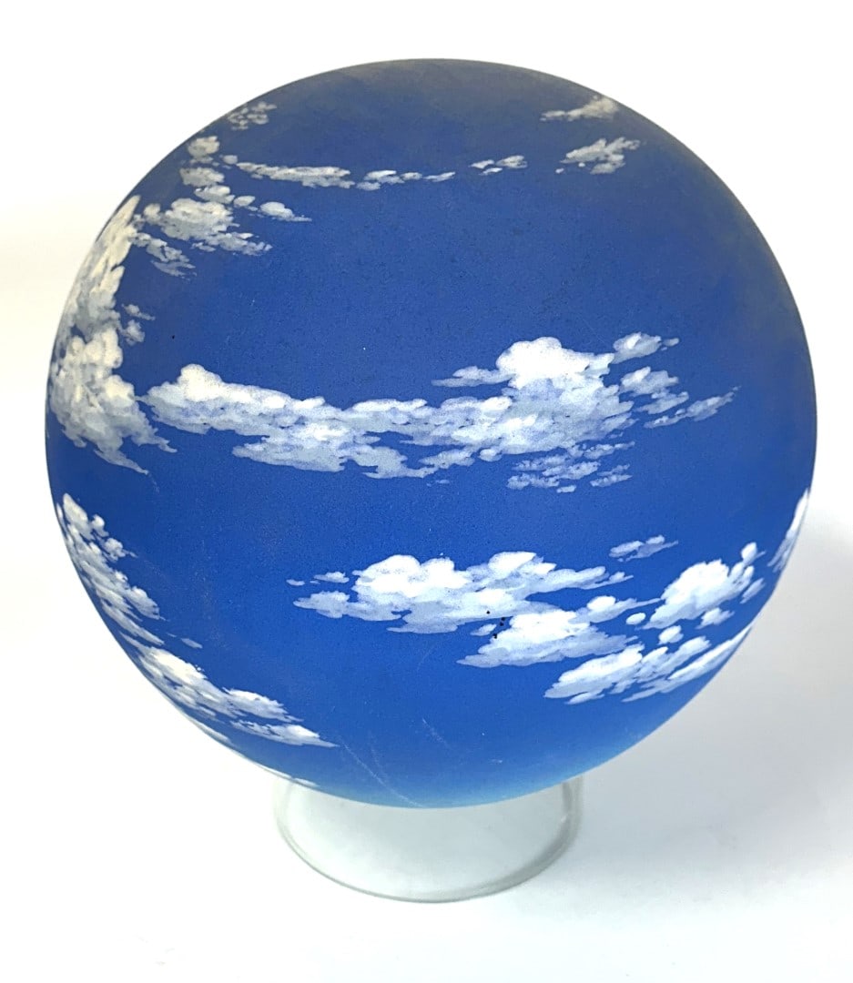 Don Jones Hand Painted Earthenware Atmosphere Globe: Hand painted earthenware atmosphere globe. Artist signed, Don Jones. Acrylic holder; 12in.H. x 10in.D.