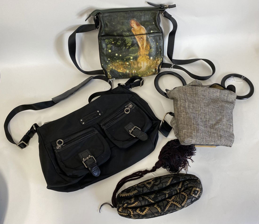 Dealer or Collector's Lot of Vintage Handbags (4): Jeon Los Angeles with artwork theme, label at the inside; Celine Dion cloth, ring handles, marked at the inside and the outside; Opulent Container with large tassel and label at the inside and Lancast