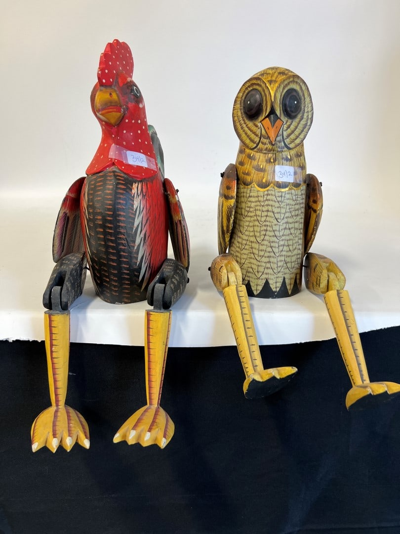 Wooden Hand Painted Toys. (2): A rooster whose lower extremites are hinged for sitting. 20 3/4"H Overall. and an owl, whose lower extremities are hinged for standing, 18 1/2:H