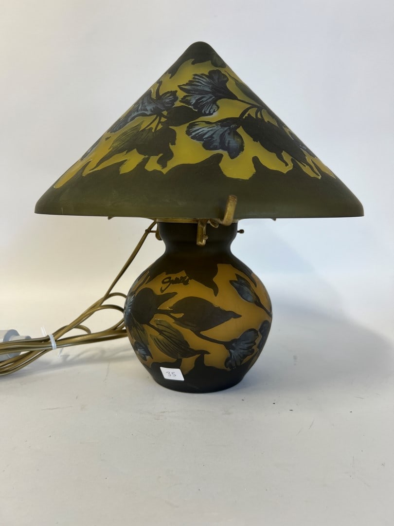 Galle Cameo Glass Lamp Signed: Shade and base are signed "Galle" and "Tip" and are in excellent condition with no scratches, cracks, chips or repairs. Currently wired for European outlets, adapted for USA, 14"H x 13"Diameter.