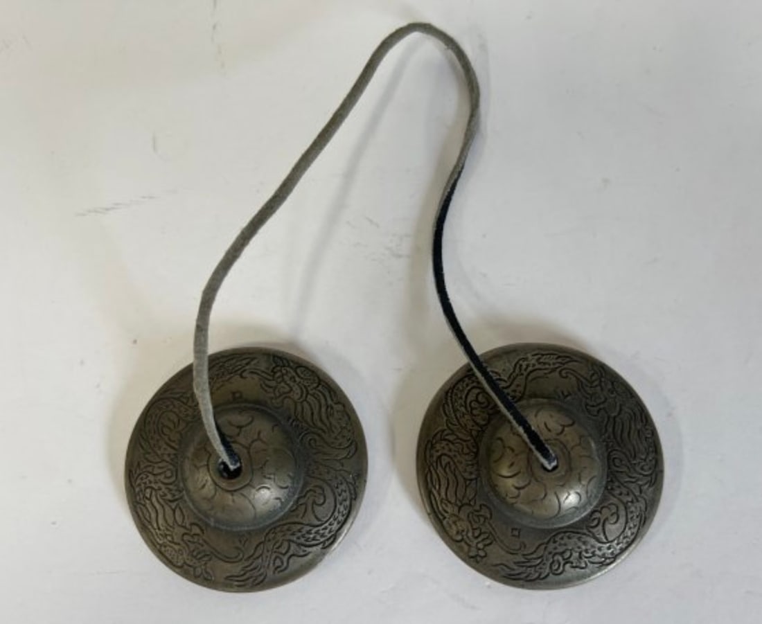 Pr. Tibetan 17th C. Cymbals: As pictured. Attached with a cord 2 7/8" " D