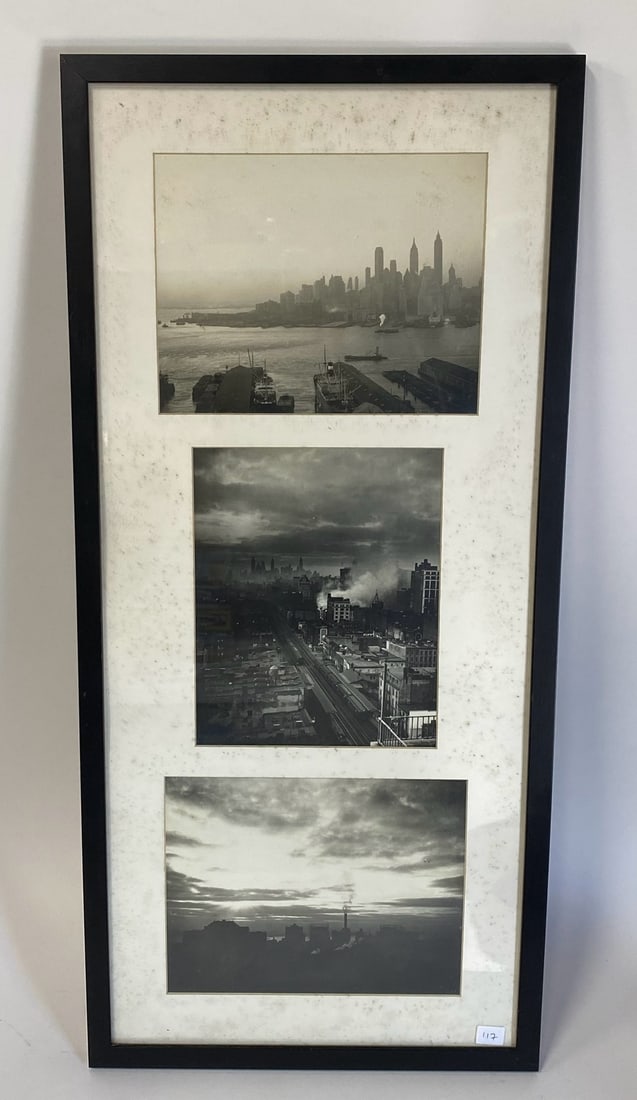 Vintage Photographs(3): Three photographs matted and framed together. Probably NYC skyline with boats at pier across the water, and other views. Matted and framed together 30 3/4"H x 14 1/4"W