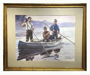 John Whorf; Important 20thC. American Watercolor Salmon Fishing Signed