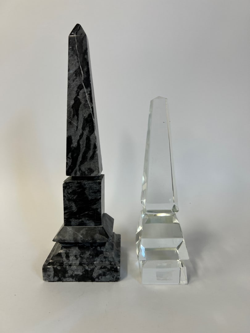Antique Obelisks inc 1 by Frederic Carder for Steuben: One is crystal by Frederic Carder for Steuben (8.25" tall) One is 20th C exotic Marble (11.5" tall)