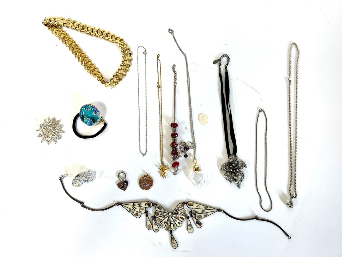 A Collector ‘s Lot Vintage Costume Jewelry (14): Included in the lot is sterling, a gold designer necklace, a rhinestone pin sgd.but diffiuclt to discern; a large Mexican Alpaca rainbow mother of pearl inlaid necklace, perhaps sterling; a Capricorn 