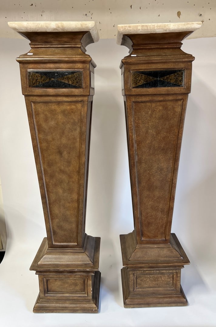 Pr. Superb Paneled and Tapered Pedestals: Height is 48 1/4"H Square "marbleized" tops are 12" square