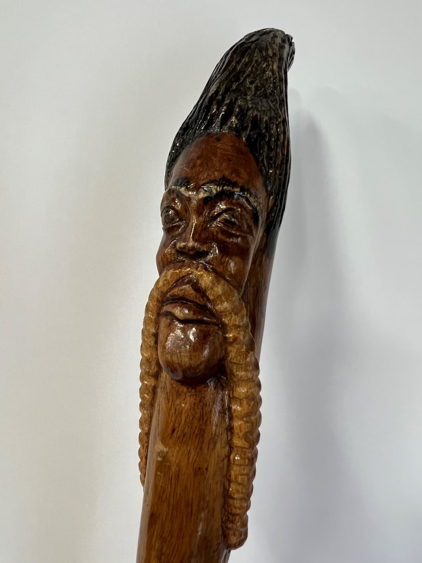 Carved Snake Wrapped Folk Art Cane: Figural Knob 36 1/2"H