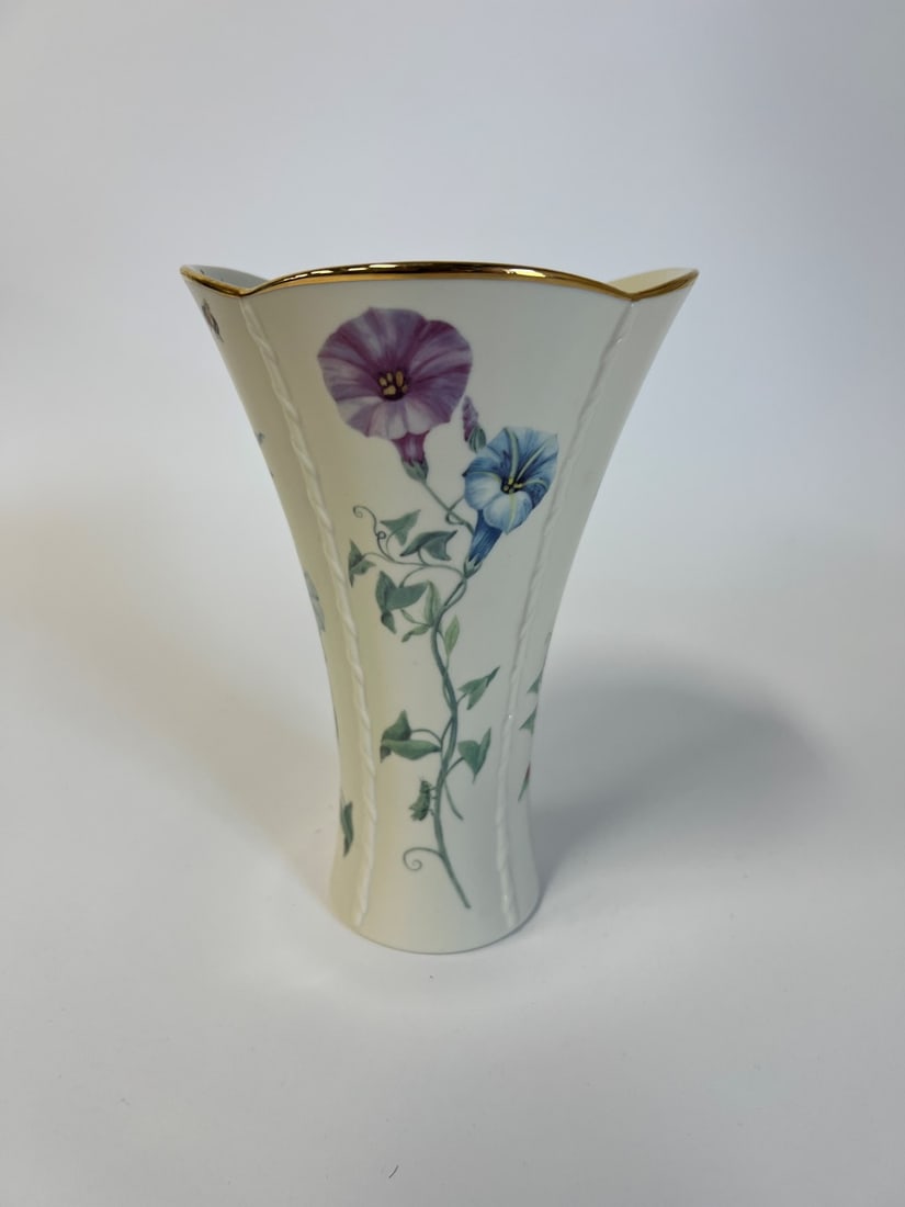 Lenox Morningside Collage Vase.: Well decorated with hand painted morning glories and bees. Entitled on the underside and marked Lenox. Scalloped rim. 8"H 5.5"W at the top.