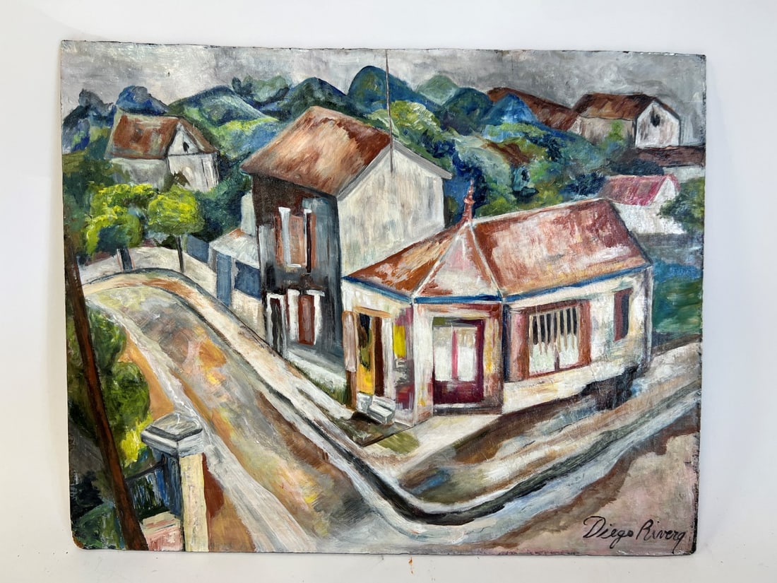 In the Manner of Diego Rivera Oil Sgd.: (Mexican 1886-1957) Signed. Oil on Board of a cubist inspired village. Unframed. 13 1/2"H x 17"