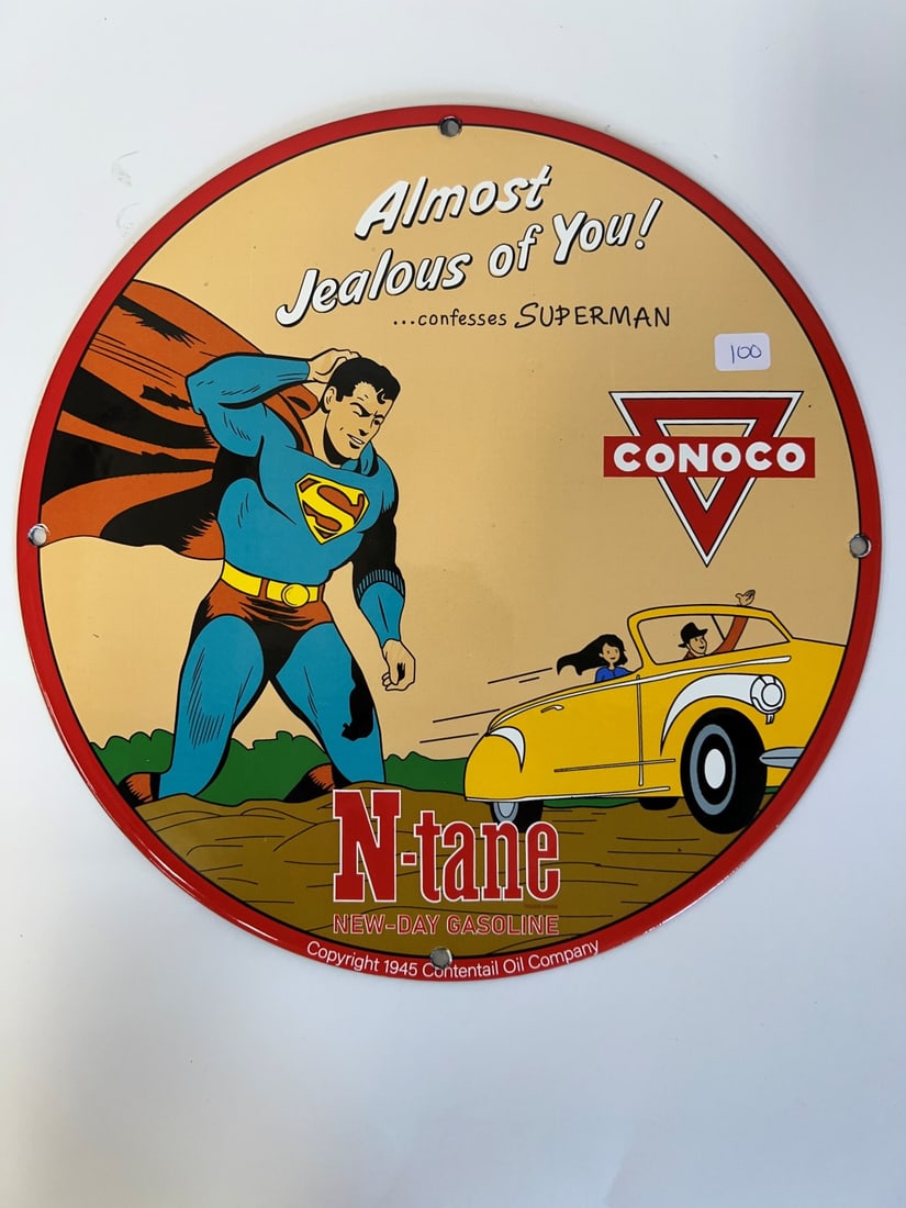 Conaco Oil Superman Enameled Sign: 11 3/4" Round