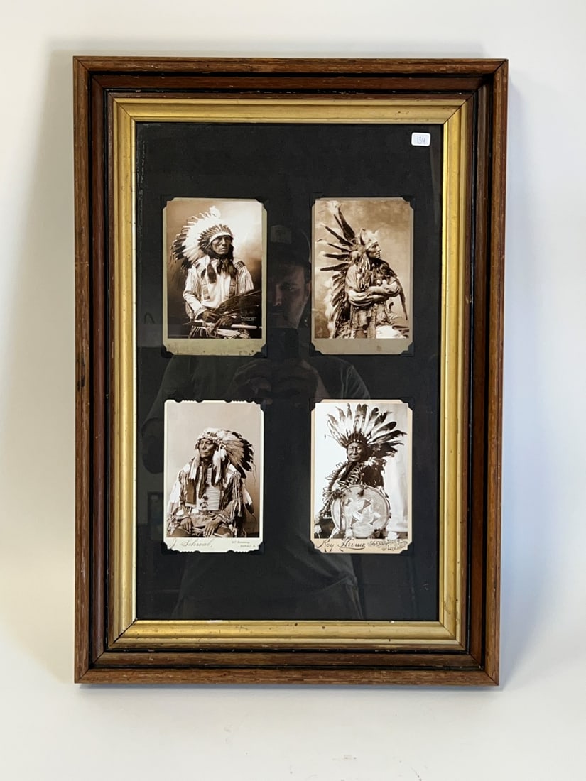 American Indian Photos Walnut Frame: Four Indian photos, one named, assembed together in a walnut frame