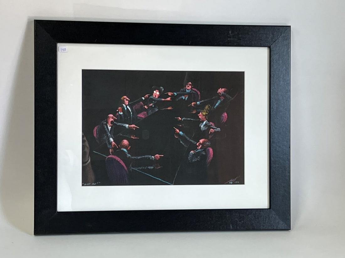 Jeff Leddy. "Not Me" Ltd. Ed. Giclee Sgd.: Framed and matted. 1995 Numbered 78/150 , Framed size 23.5"W x 19"H, Signed by the artist. Descripton and certificate of authenticity at the back of the frame. provided by and signed by the artist.