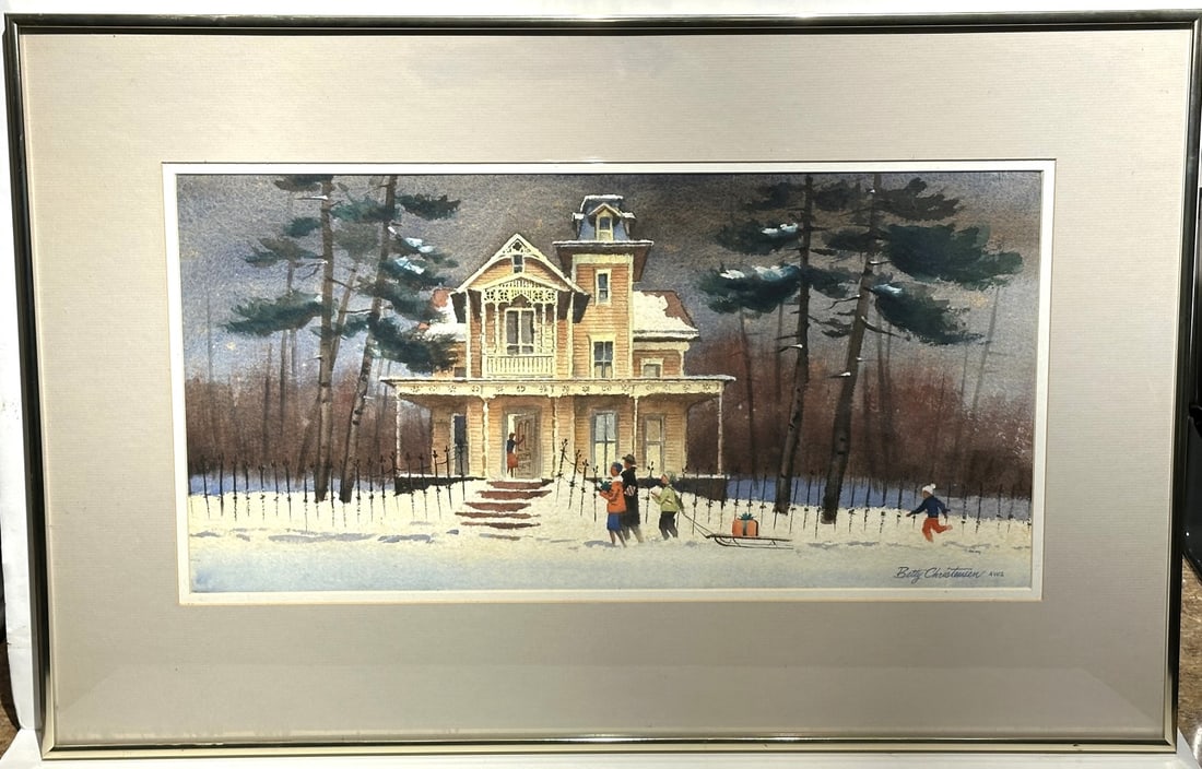Betty Christensen; 20thC. American Watercolor Christmas Day Signed: Betty Christensen(20th Century) watercolor on paper. Christmas Day. Signed lower right and inscribed AWS. Artist's bio affixed to reverse. Member: AWS(American Watercolor Society); 10.25in. x 20.75in.