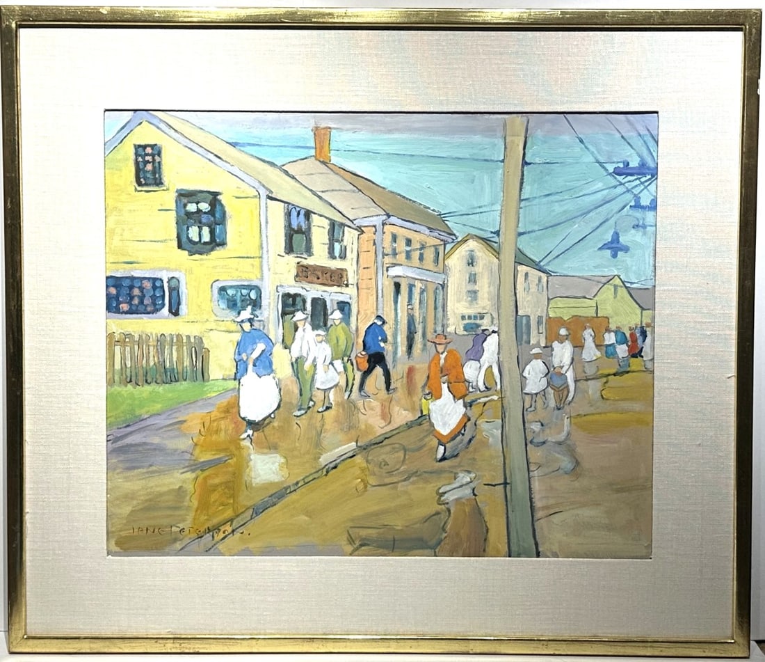 Jane Peterson; American Gouache Sketch Gloucester Street Signed: Jane Peterson(1876-1975) gouache on paper. Gloucester Street. Signed lower left; 16.5in. x 20in.(image), 23.25in. x 27in.(framed)
