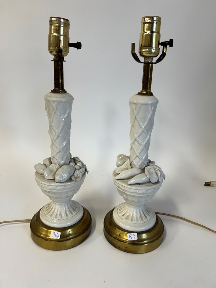 Pr. of Vintage Porcelain Lamps: Porcelain lamps on brass bases. 16" tall. (Some minor imperfections) As pictured