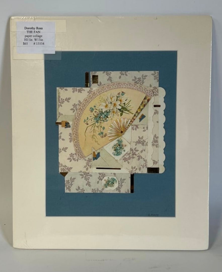 Dorothy Rose. The Fan Collage Signed: Paper Collage of antique fans Signed lower right Matted and shrink wrapped. 11"H x 13"W