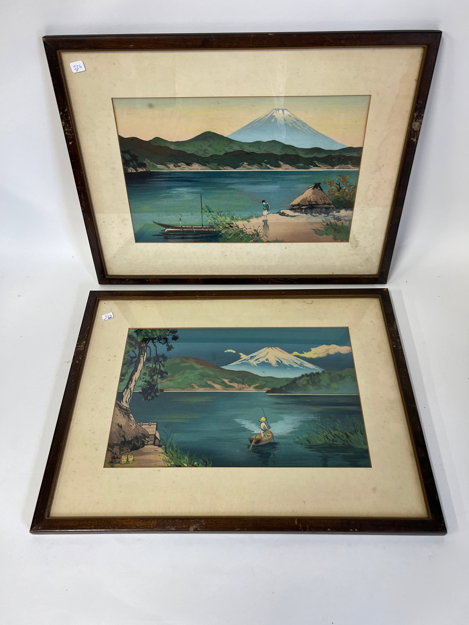 Pr. Japanese Sgd. Watercolors: Signed with red calligraphy markings. Matted and framed Artwork 9 1/2"H x 15"W and overall size 16 1/4'h x 21 1/2"W