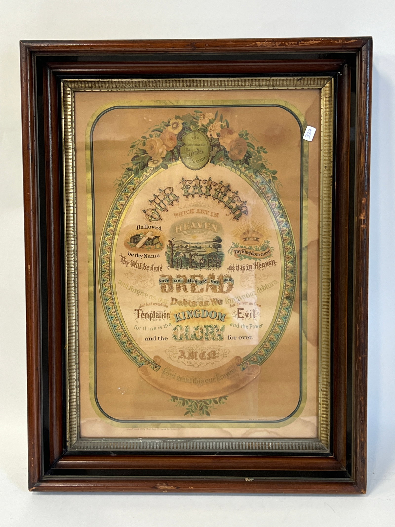 Antique Framed Lord's Prayer, 19th C.: In a 19th C. gilt and mahogany frame. Overall size 24'H. x 18 1/4"W