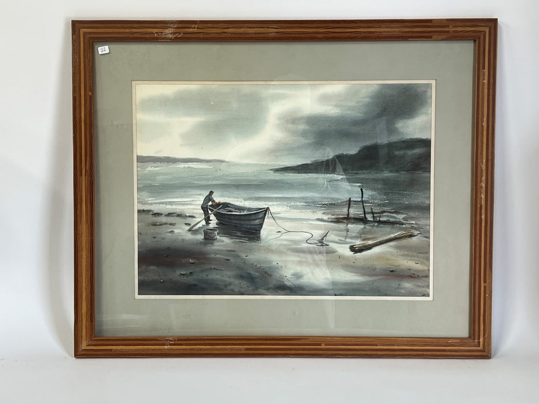 Pastel of a Man with a Boat. Signed.: Beautiful pastelle or mixed media of a man on a beach with a boat. Signed indescernably on the lower right. 24.25"H x 30.5"W. Nicely framed and matted.