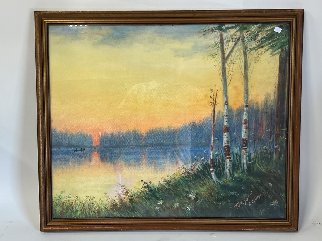 A.C. Boyd (Am.) Pastel "Twilight" Sgd: (American, New York b. 1864, Signed. "Twilight" , a sunset over a lake with woods. Nicely framed. 24 1/2" x 29" overall sze
