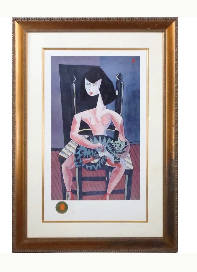 Jesus Fuertes; Original Lithograph Sentado Con Gato Signed (1 of 8)