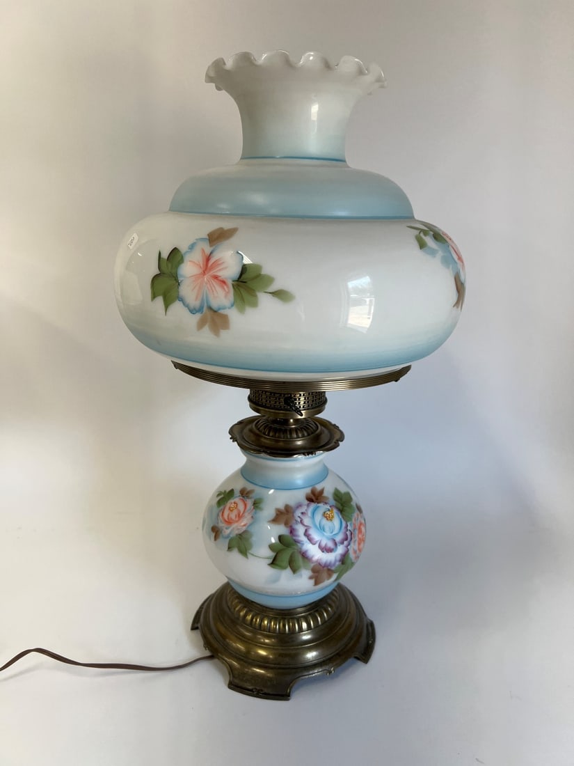 Gone With the Wind Lamp: Floral decorated milk glass. Electrified. 25 1/2"H 13 1/2"D shade