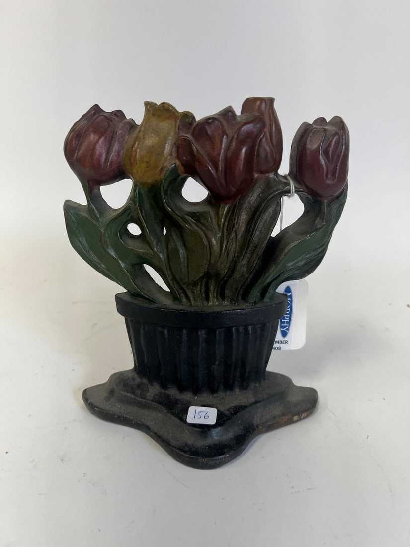 Cast Iron Door Stop Tulips: Albany Foundry. Old label for Morphy Auctions. 8 1/2"H