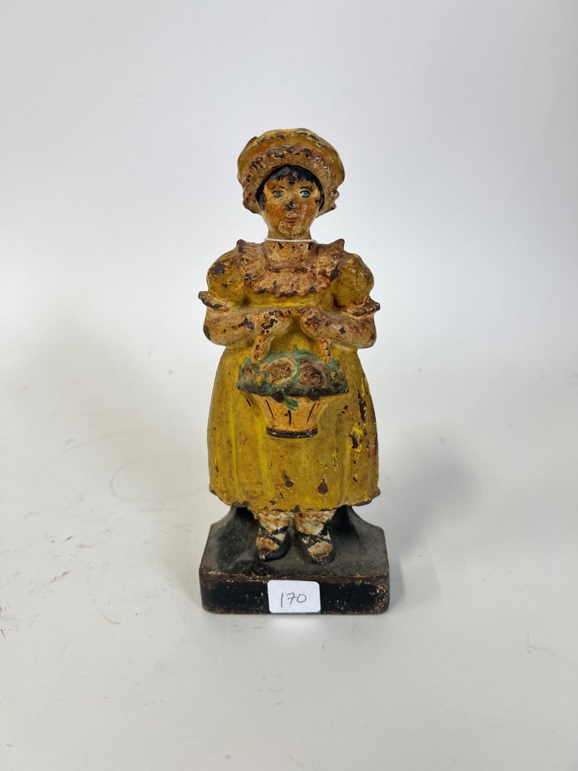 Cast Iron Doorstop Girl with Basket: Rarer yellow version 9 1/4"H Morphy Auction Tag