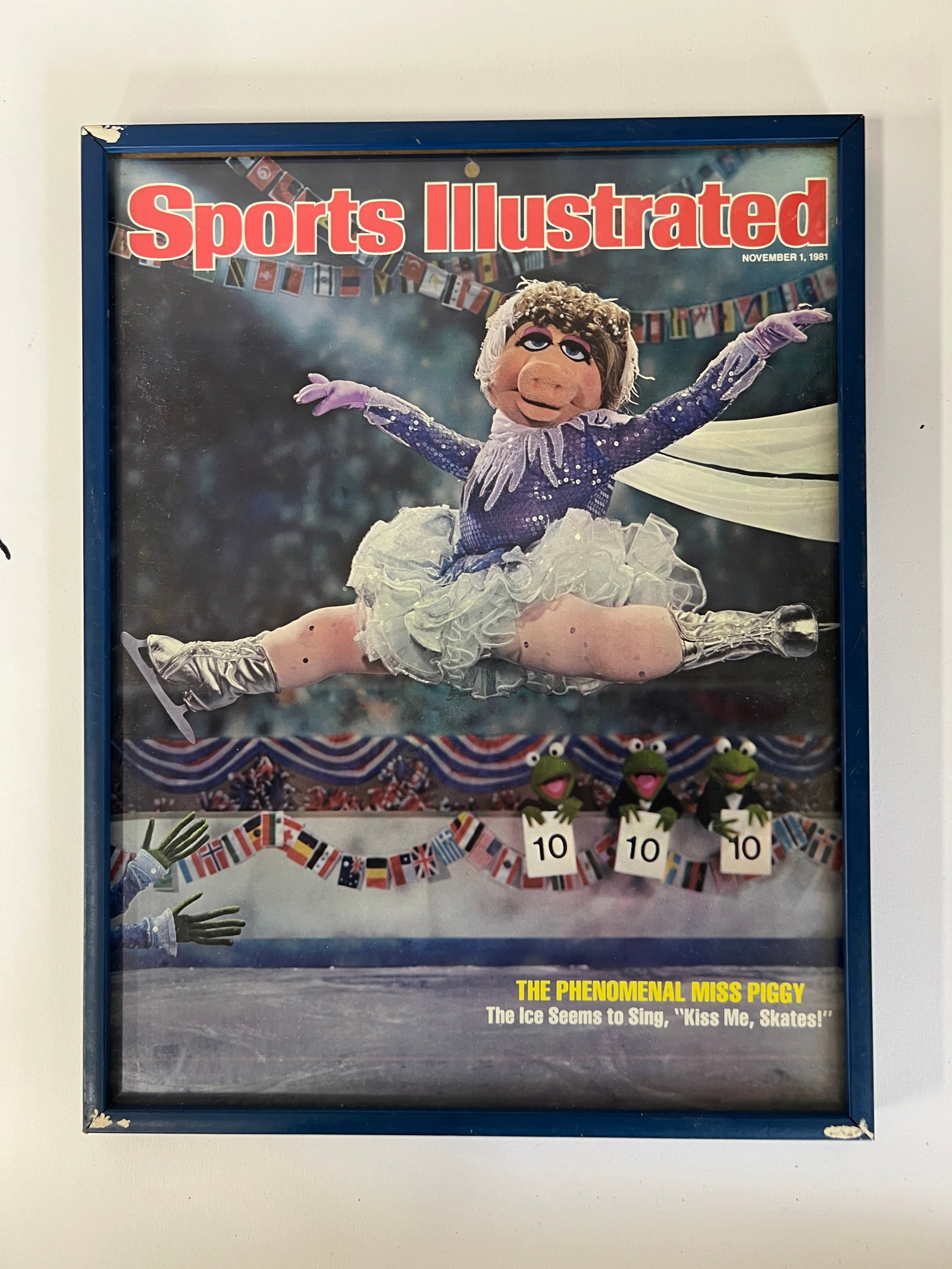 1981 Sports Illustrated Miss Piggy Cover: November 1, 1981 The Phenomenal Miss Piggy. The Ice Seems to Sing,"Kiss Me, Skates" 15"H x 13"W