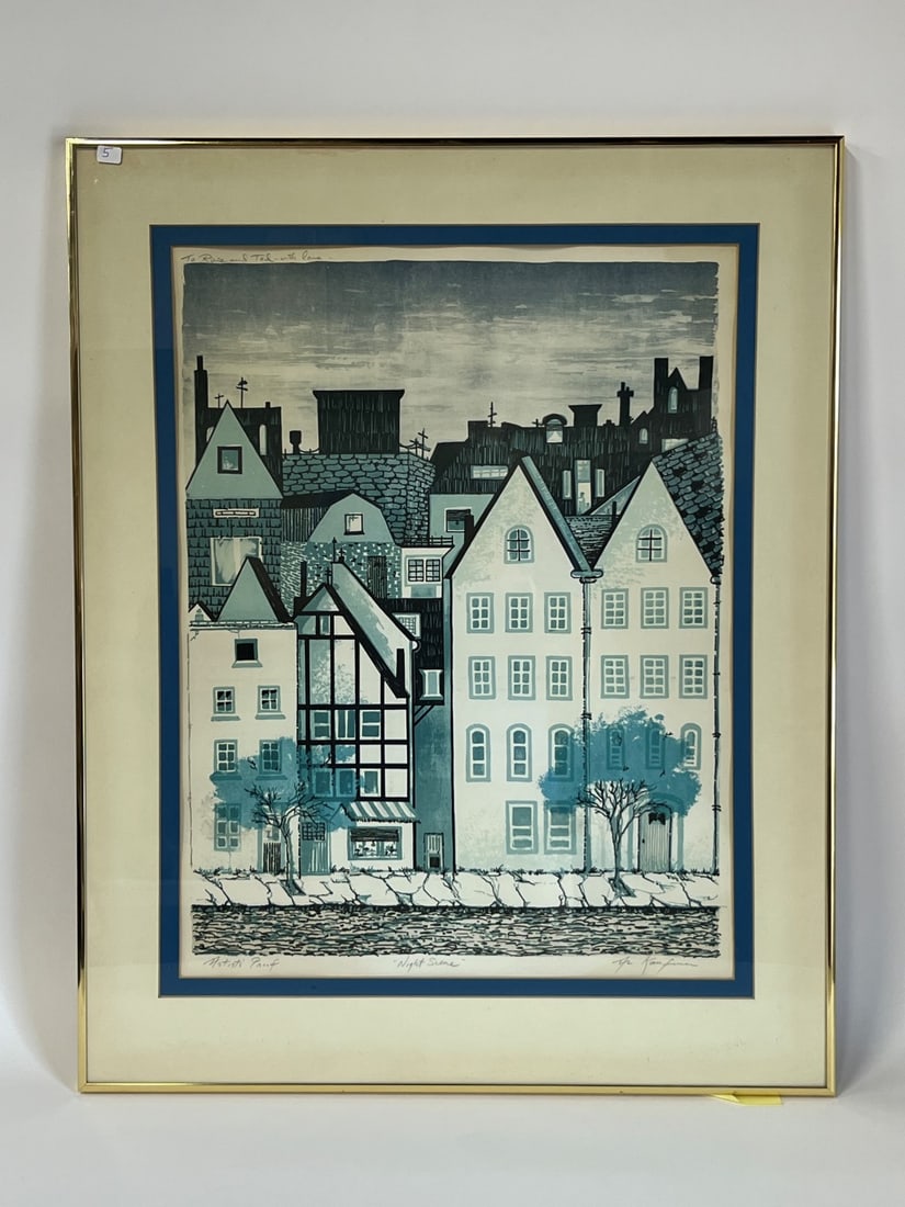 Albert Kaufman Artist Proof Night Scene Sgd.: Albert Kaufman (Am. 1928- ) Artist Proof. "Night Scene" Signed in pencil lower right. Entitled lower center. and marked Artist Proof lower right. Albert Kaufman is listed in AskArt with an extensive b