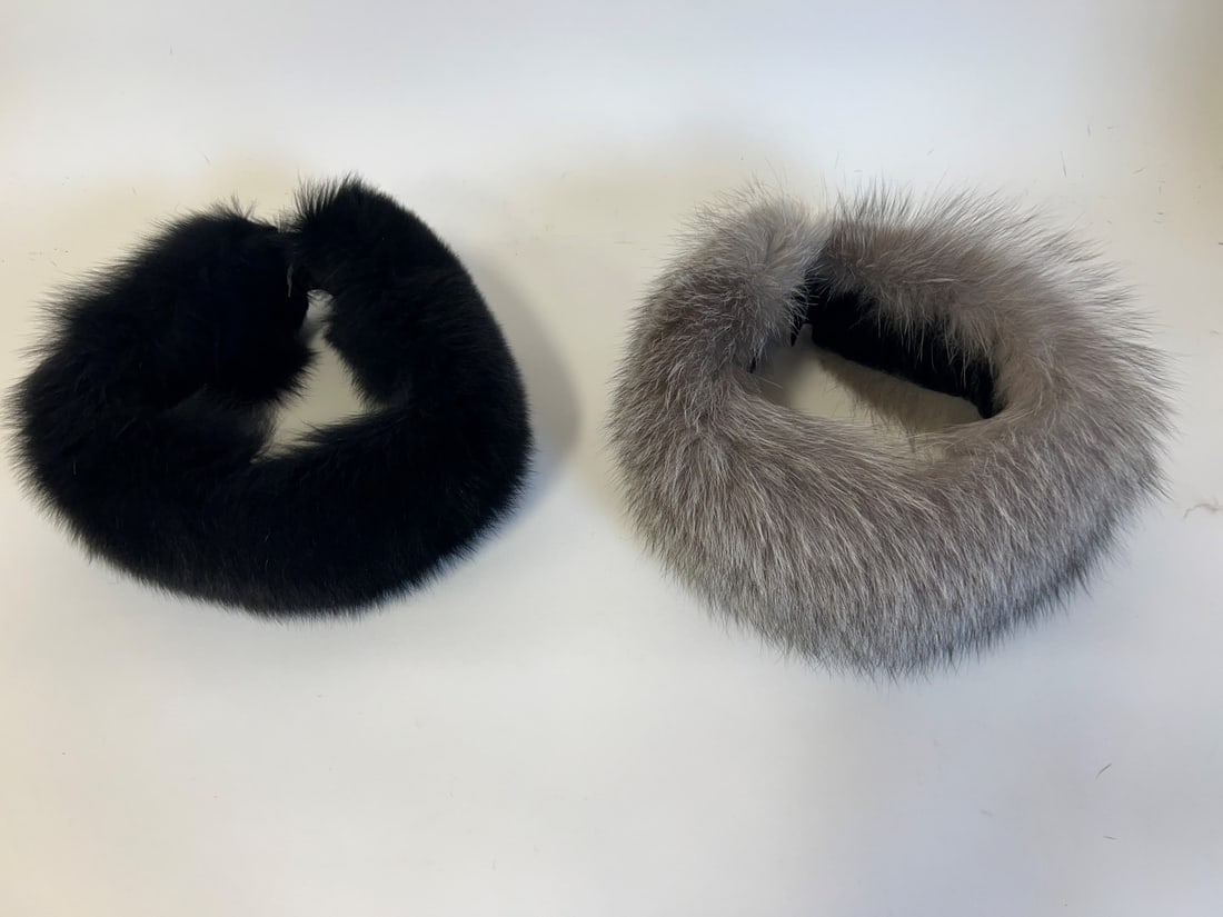 Two Fine Quality Fox Collars.: Well Cared For. Rarely worn One brown and one grey . Both with labels, Surell Fox. Made in U.S.A Real fur, fur oriigin: Finland dyed. 26 1/2"