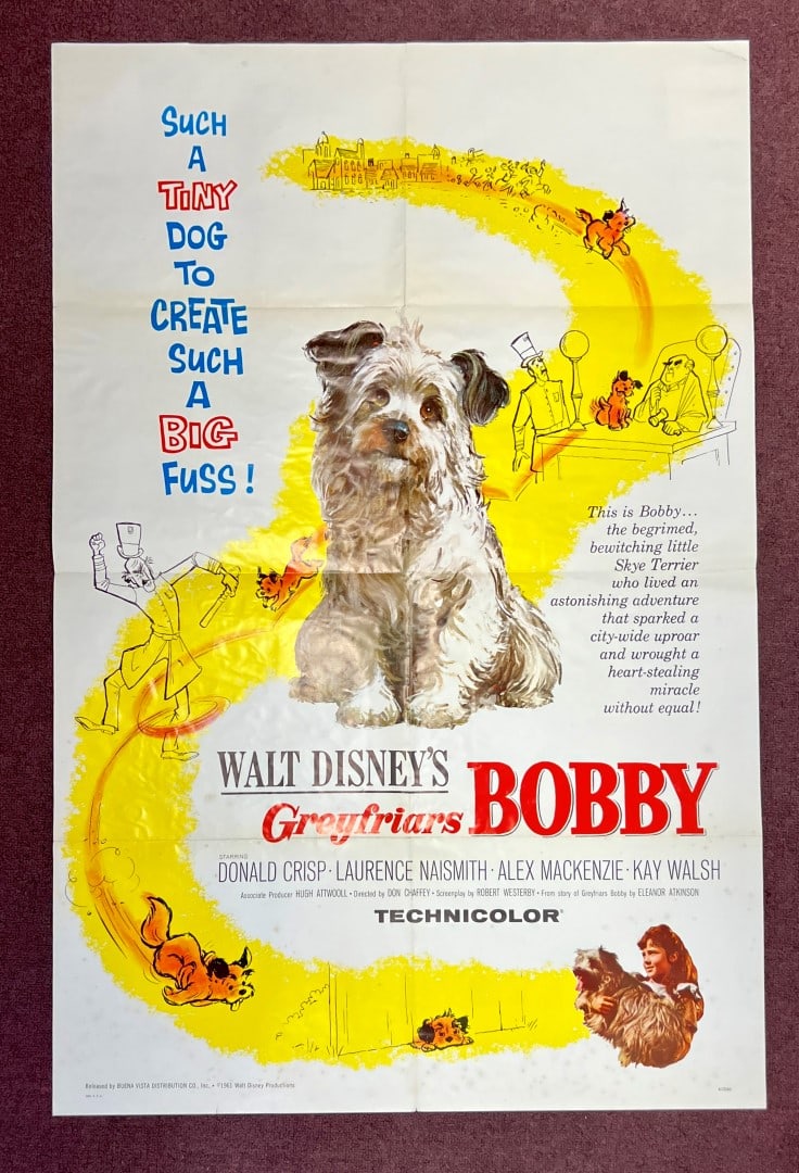 Movie Poster. Grey Friiars Bobby One Sheet: Marked at the outside. 1 Sheet with name and 27" x 41" size. Good condition.