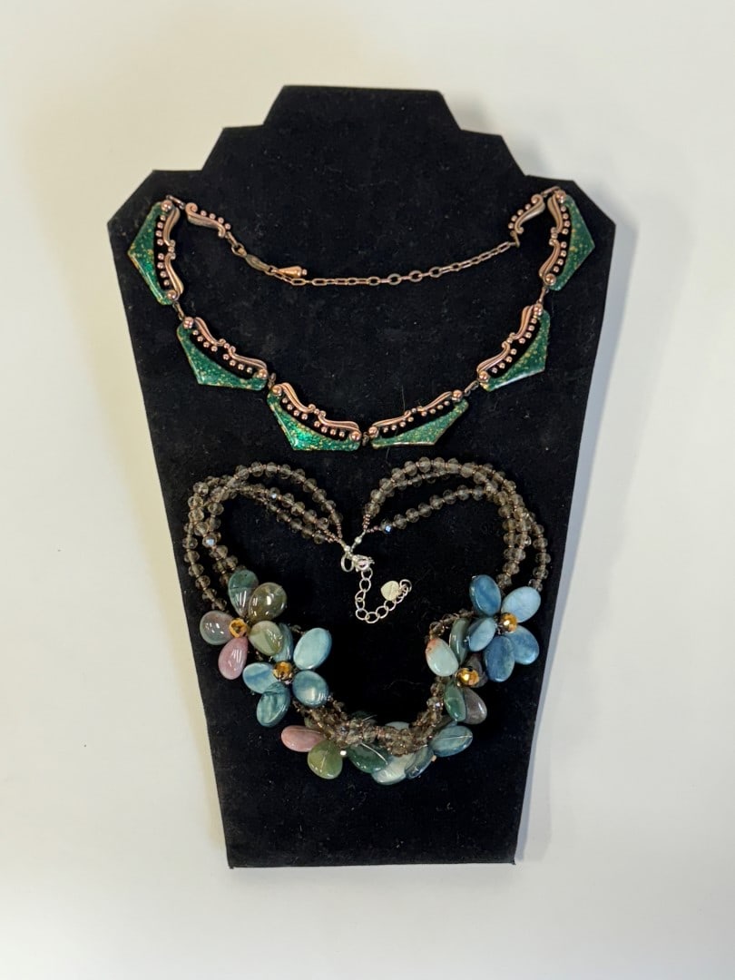 Unusual Vintage Costume Necklaces Signed (2): One of translucent flowers and triple strand beads signed Nakamol and one enamel on copper sgd. Matisse